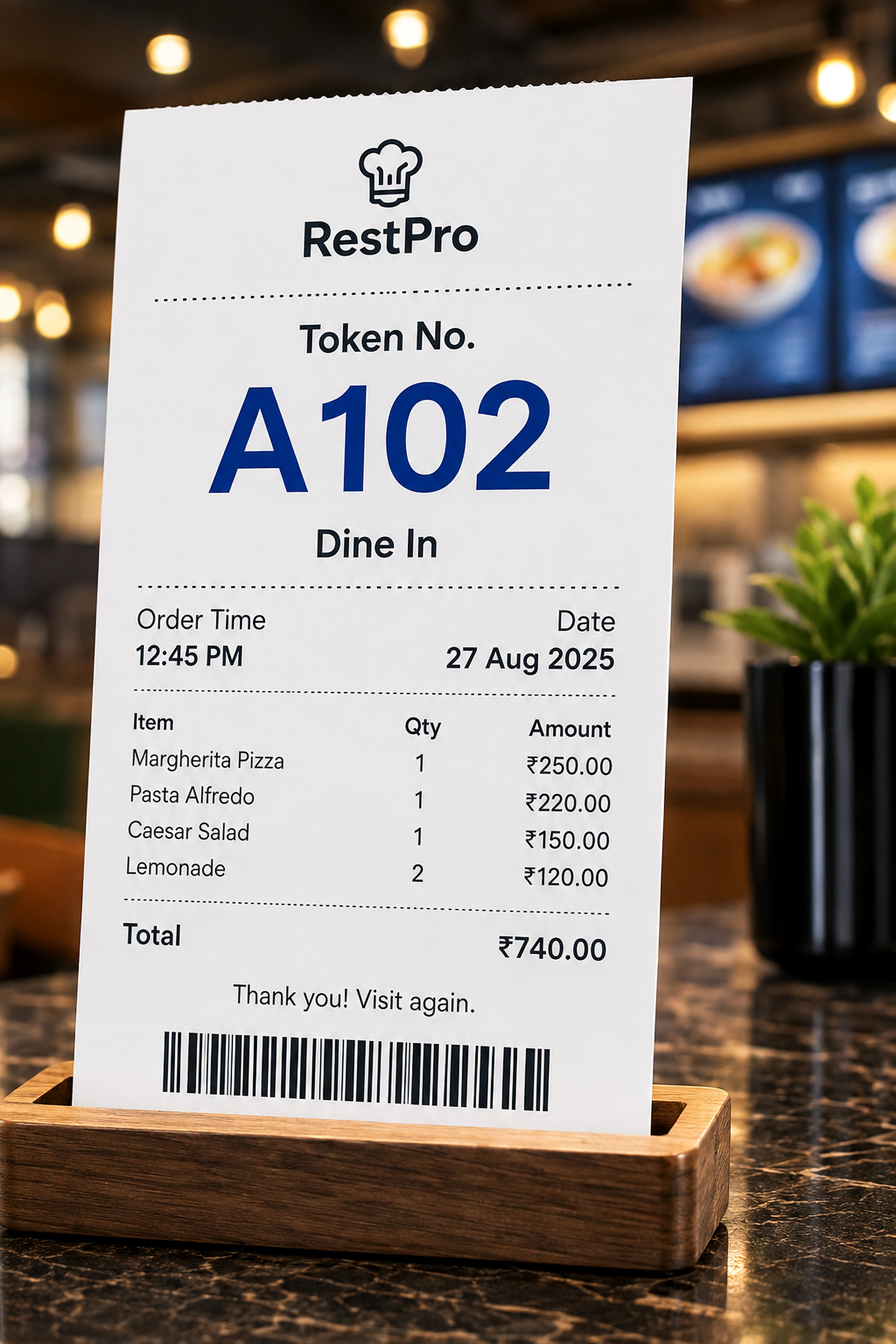 A printed RestPro token receipt on a restaurant counter