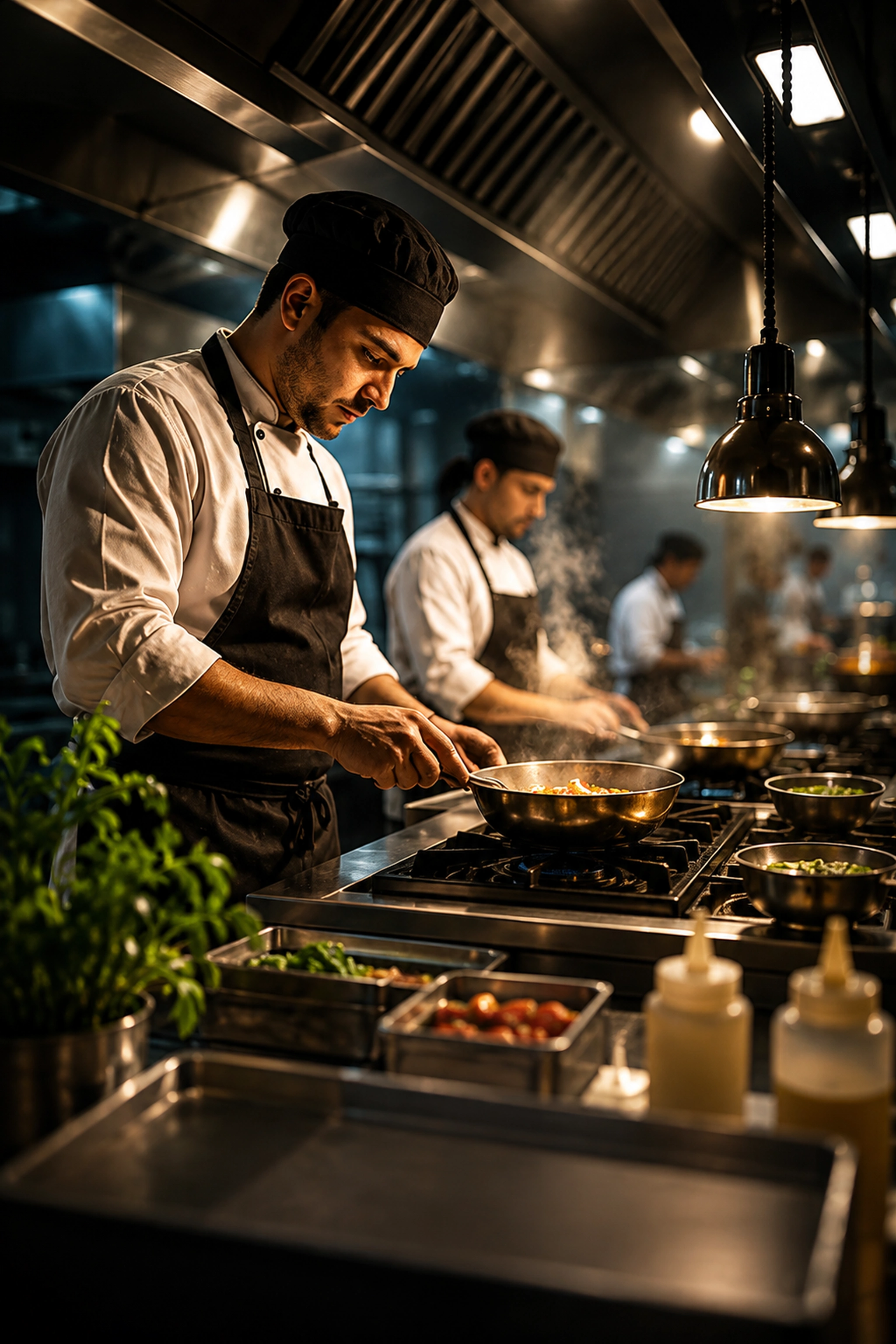 Chefs working the line under a kitchen display